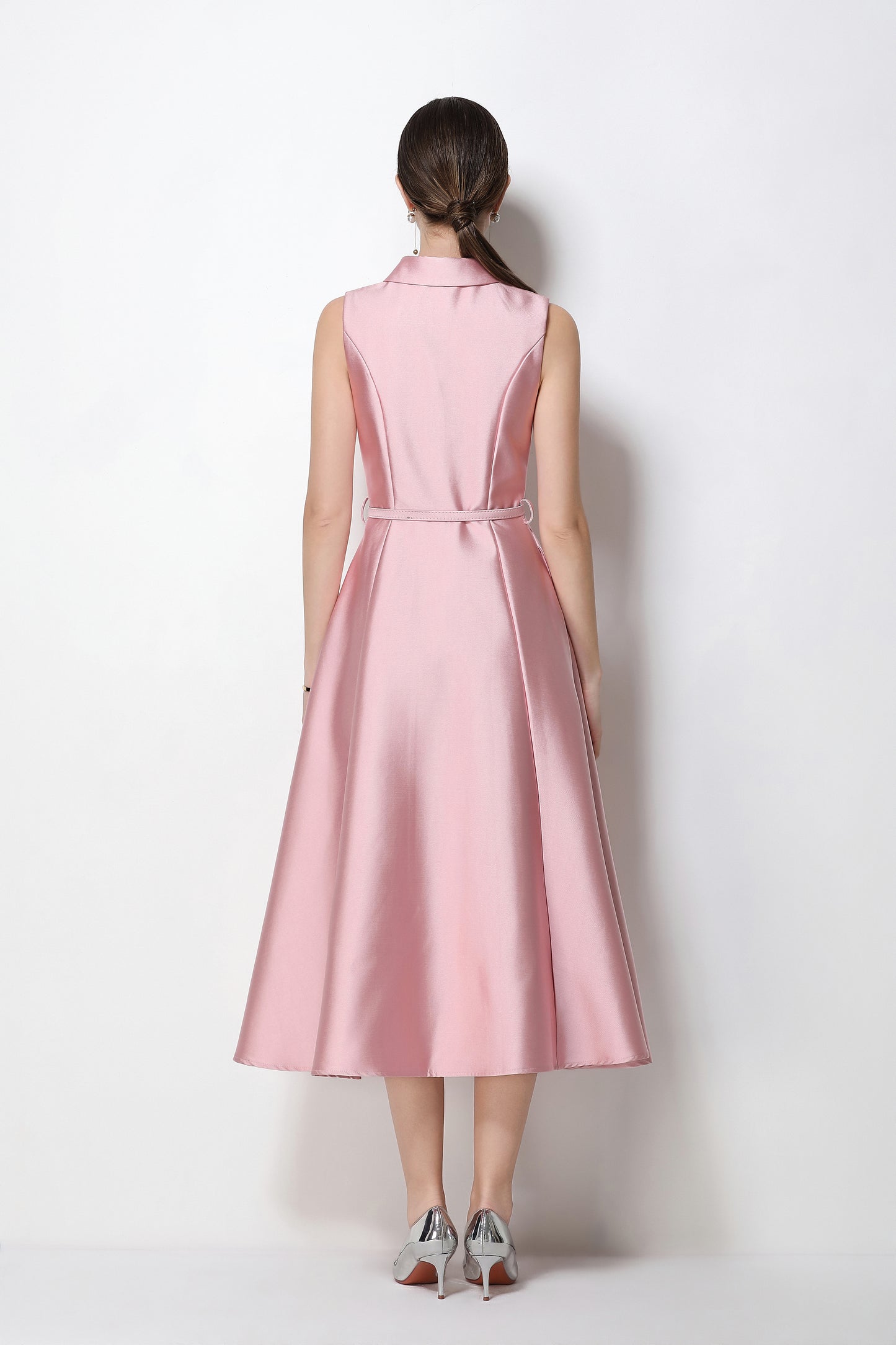 Romantic Pink Sleeveless A-Line Midi Dress with Belt & Pockets