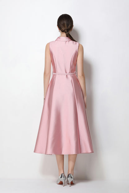 Romantic Pink Sleeveless A-Line Midi Dress with Belt & Pockets