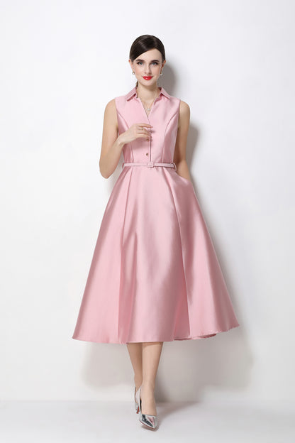 Romantic Pink Sleeveless A-Line Midi Dress with Belt & Pockets