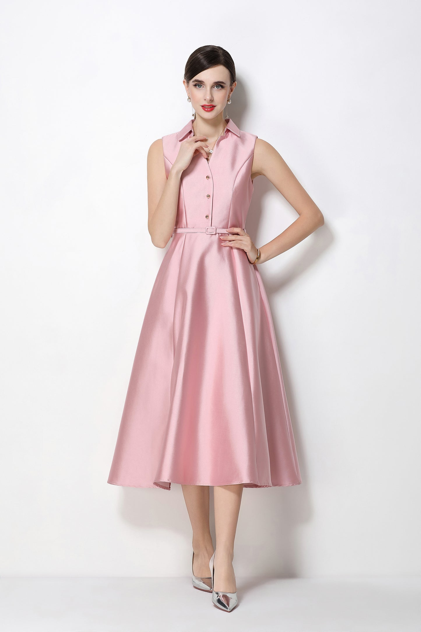 Romantic Pink Sleeveless A-Line Midi Dress with Belt & Pockets
