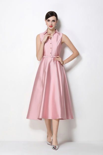 Romantic Pink Sleeveless A-Line Midi Dress with Belt & Pockets