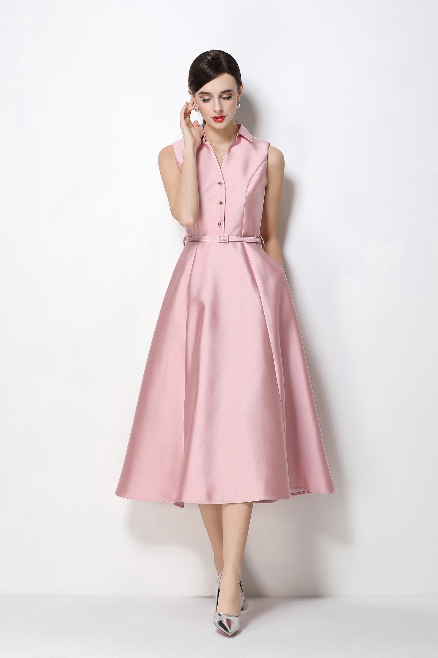 Romantic Pink Sleeveless A-Line Midi Dress with Belt & Pockets