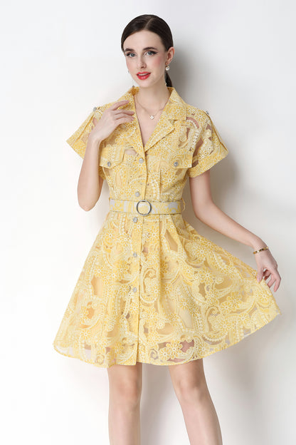Golden Hour Lace Shirt Dress | Butter Yellow Summer Mini Dress
