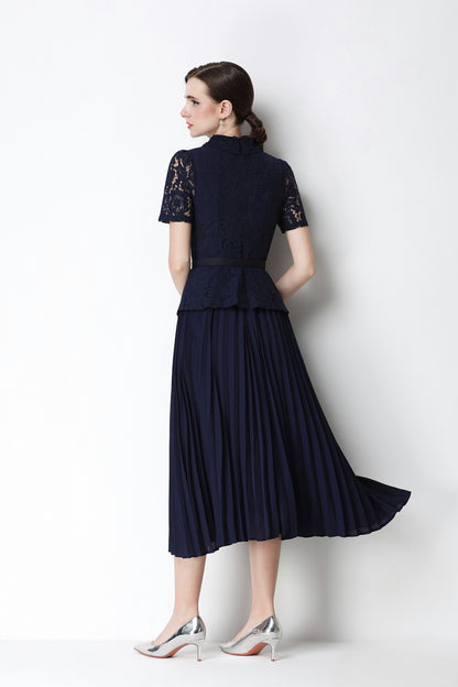 French Chic Lace Pleated Midi Dress with Belt