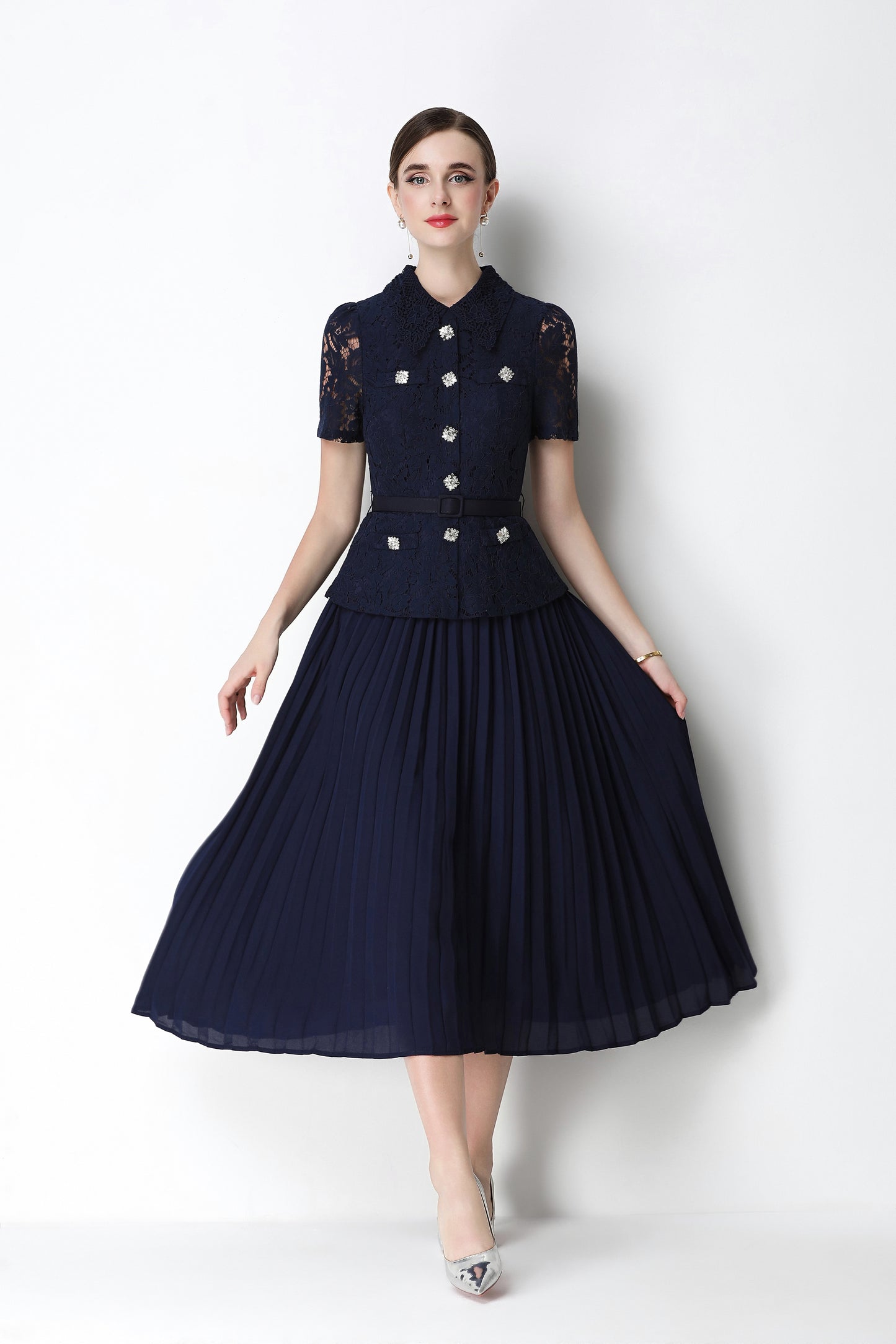 French Chic Lace Pleated Midi Dress with Belt