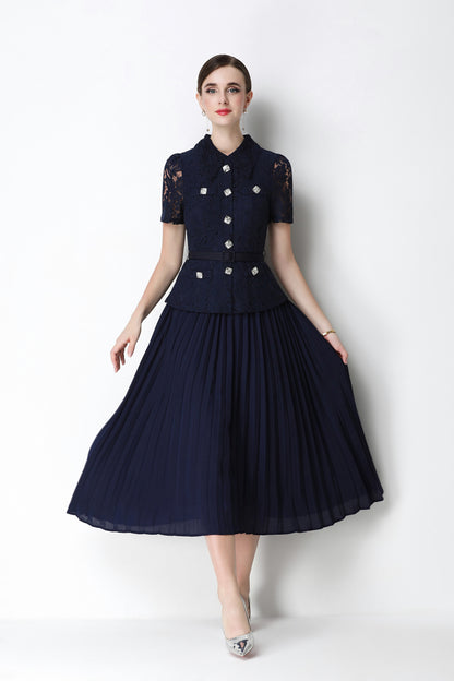 French Chic Lace Pleated Midi Dress with Belt