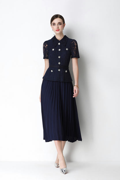 French Chic Lace Pleated Midi Dress with Belt