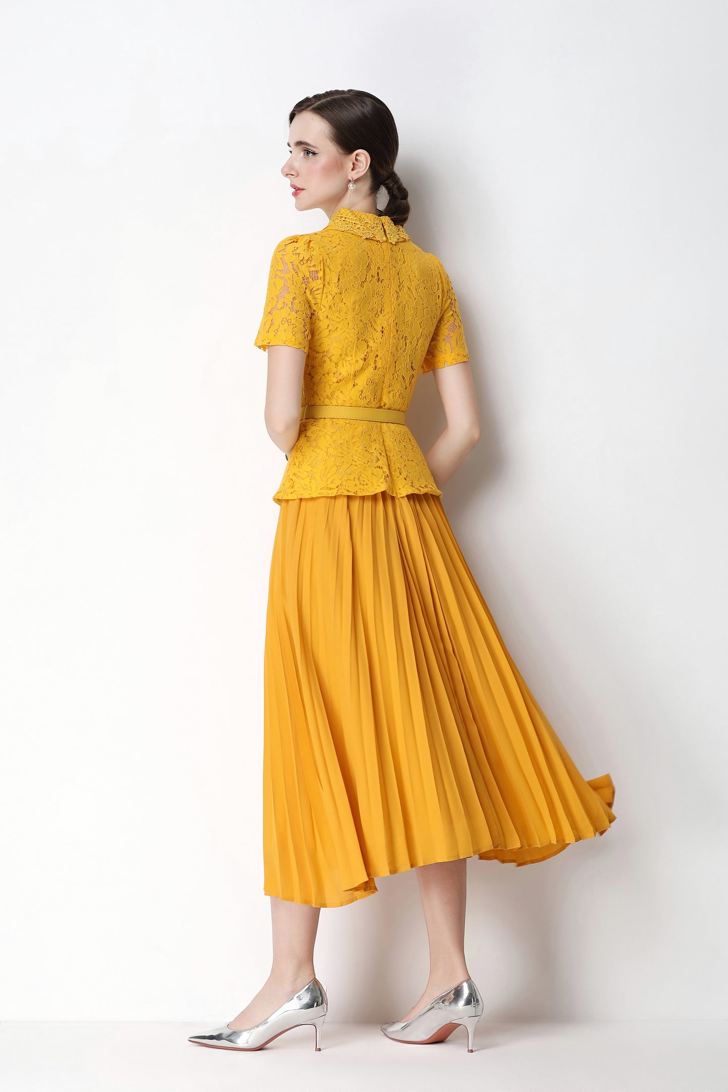 French Chic Lace Pleated Midi Dress with Belt