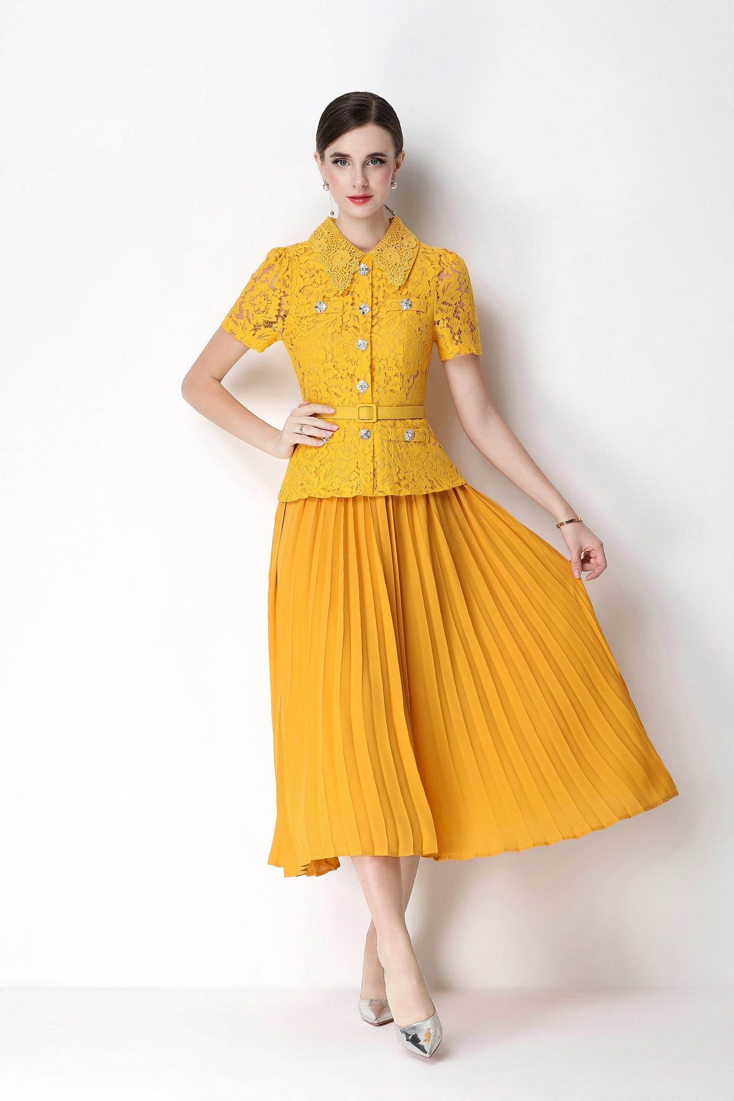 French Chic Lace Pleated Midi Dress with Belt