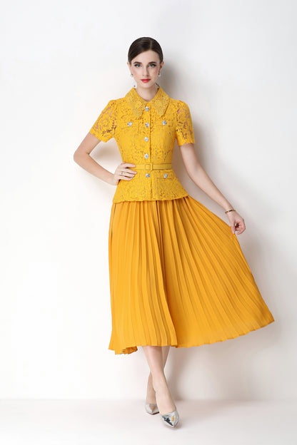 French Chic Lace Pleated Midi Dress with Belt