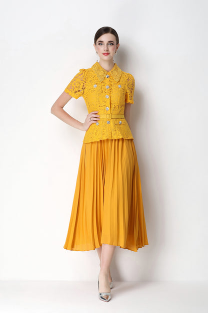 French Chic Lace Pleated Midi Dress with Belt