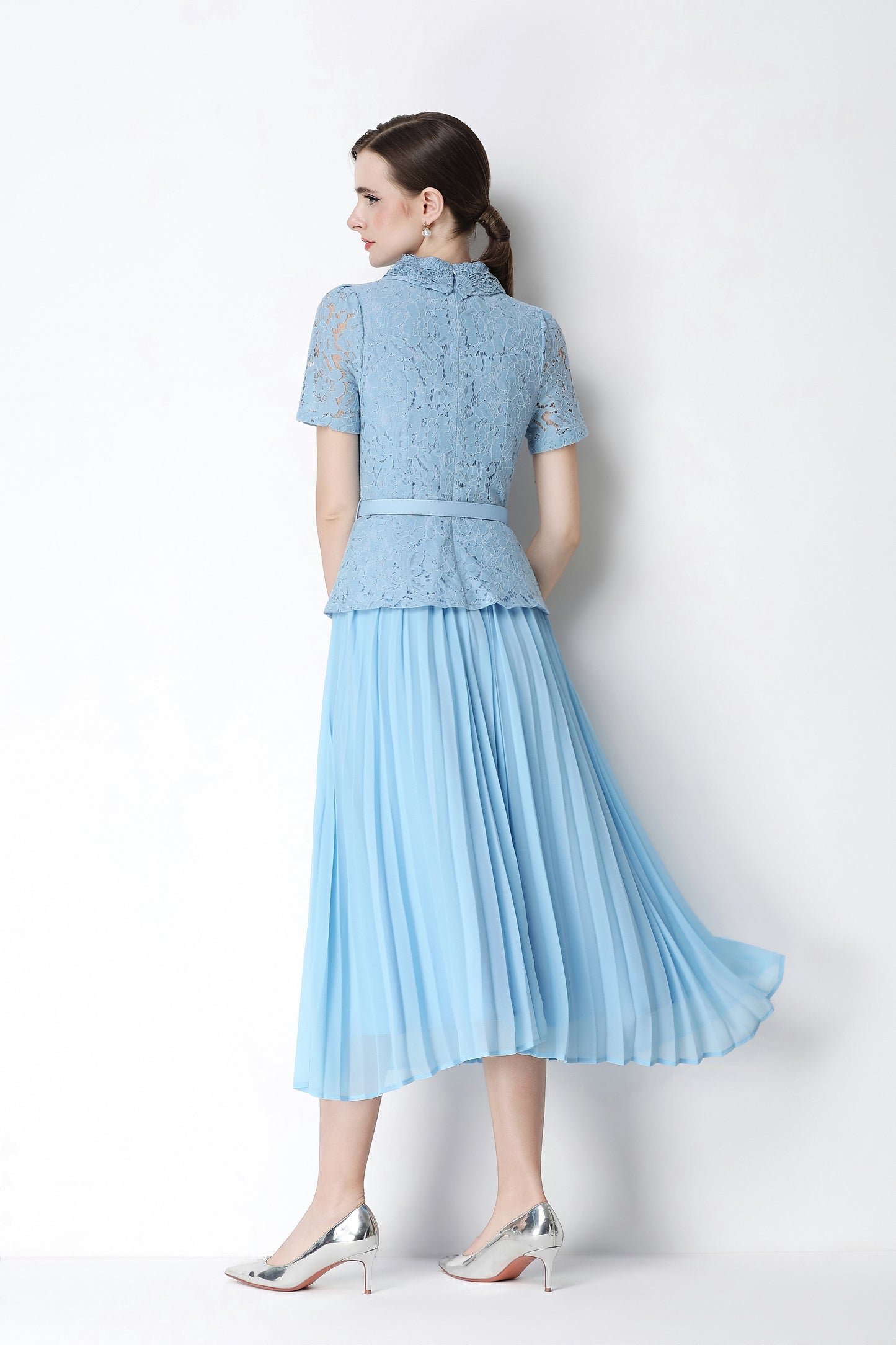 French Chic Lace Pleated Midi Dress with Belt