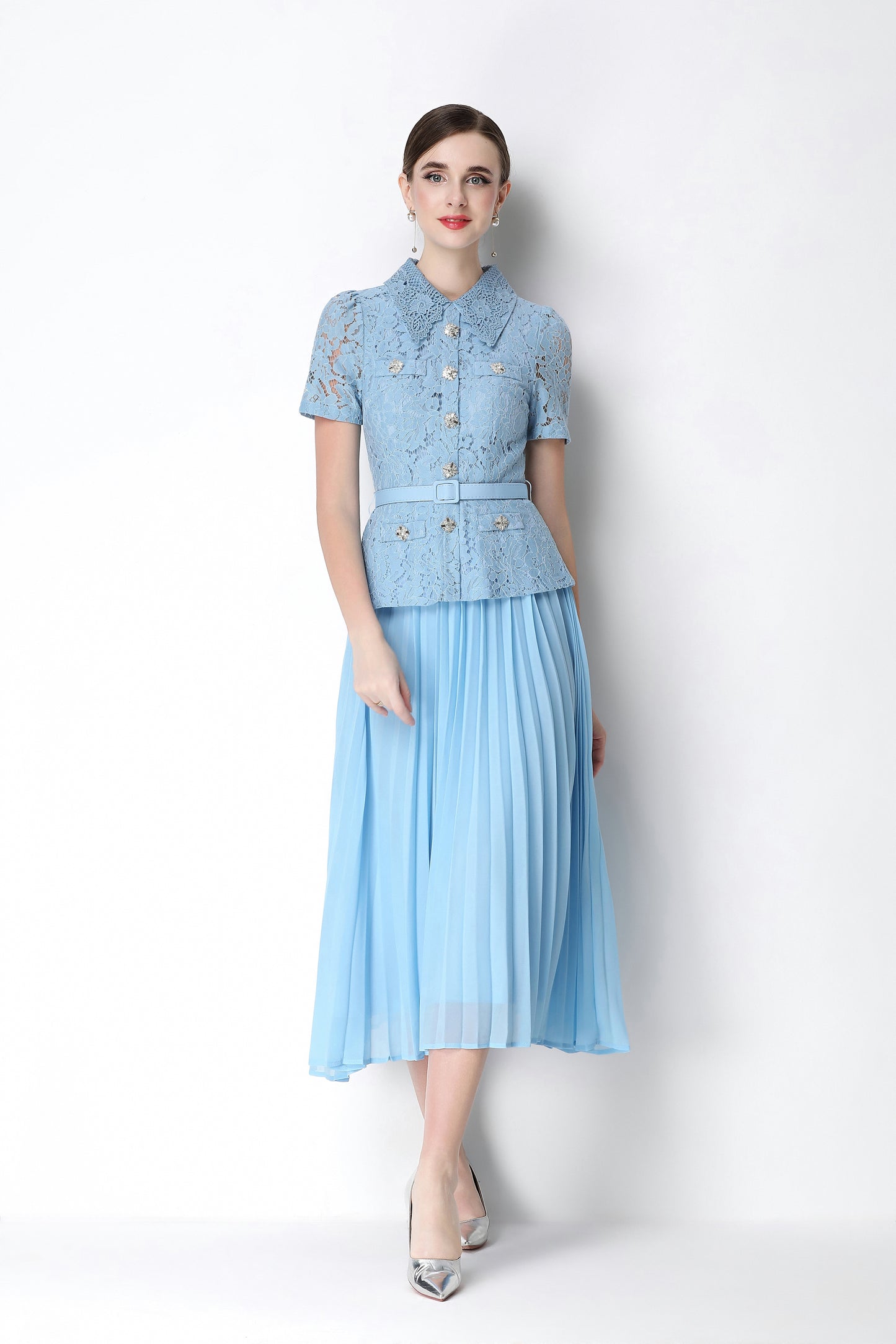 French Chic Lace Pleated Midi Dress with Belt