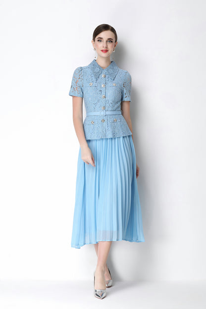 French Chic Lace Pleated Midi Dress with Belt