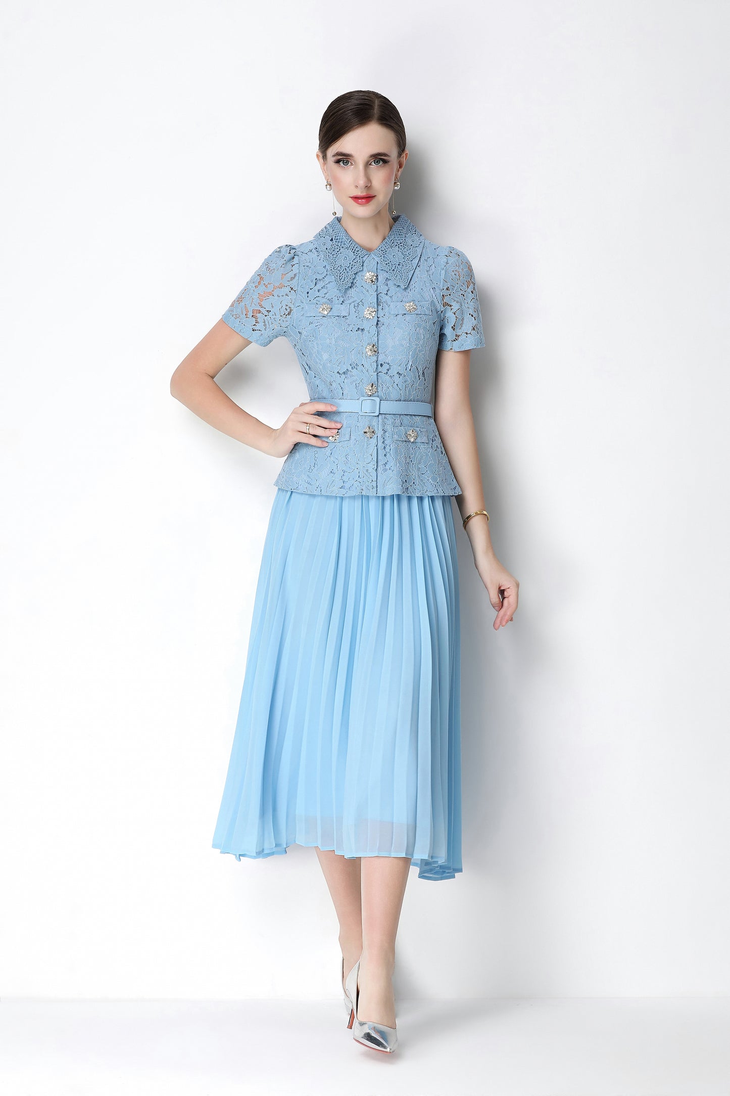 French Chic Lace Pleated Midi Dress with Belt