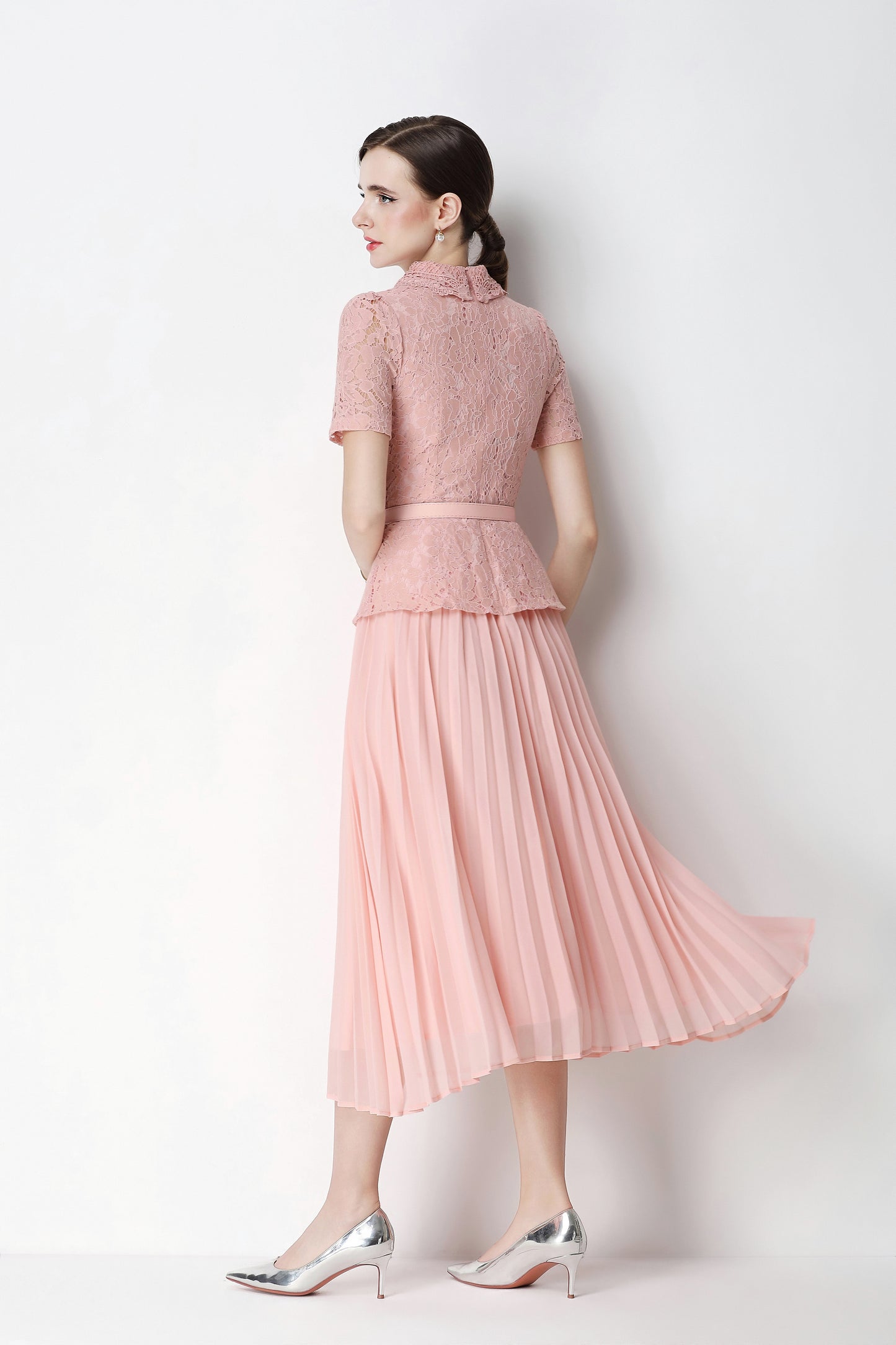French Chic Lace Pleated Midi Dress with Belt