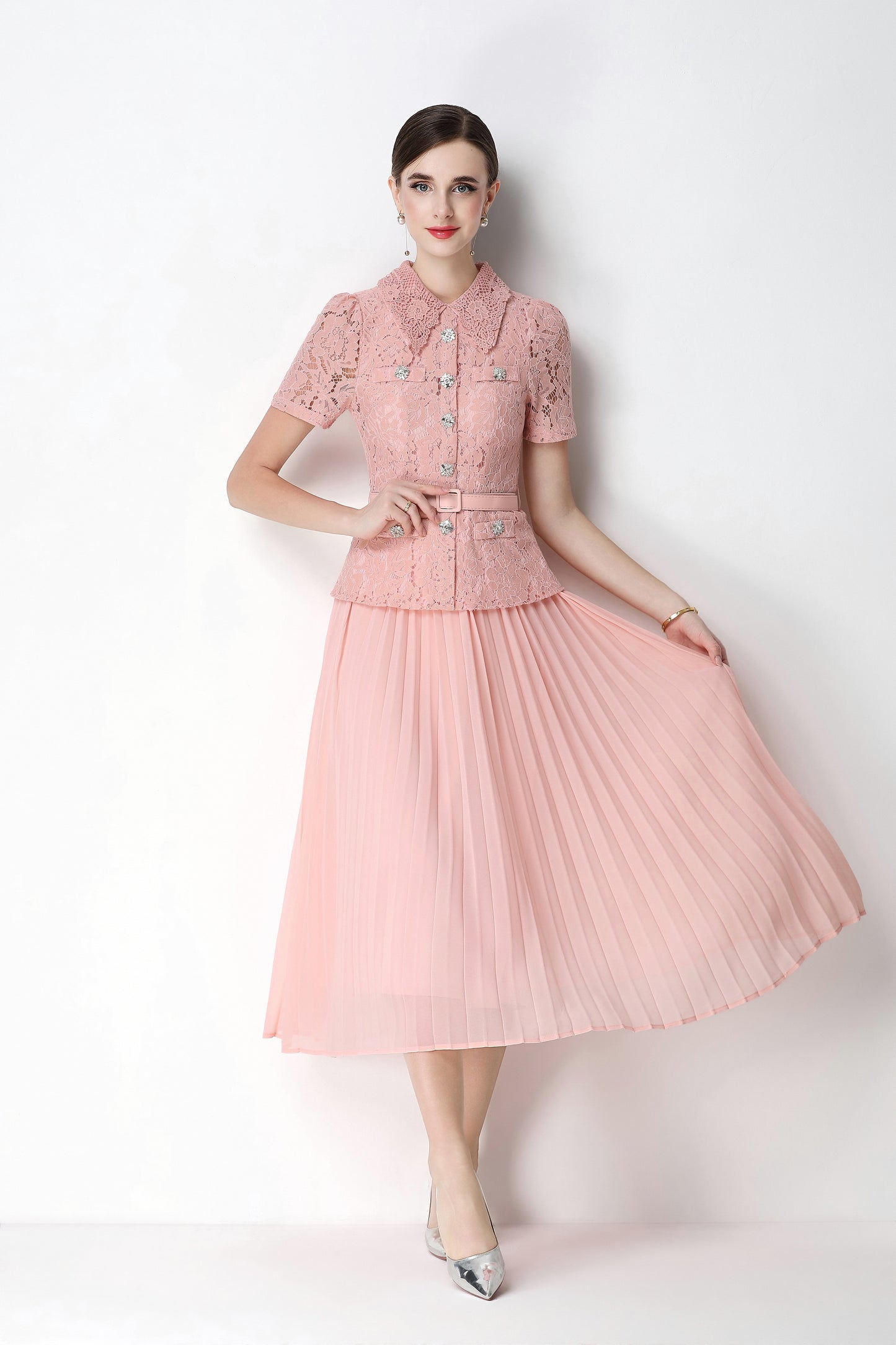 French Chic Lace Pleated Midi Dress with Belt