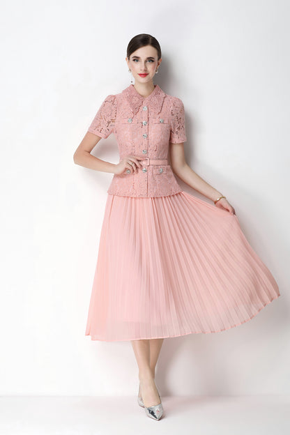 French Chic Lace Pleated Midi Dress with Belt