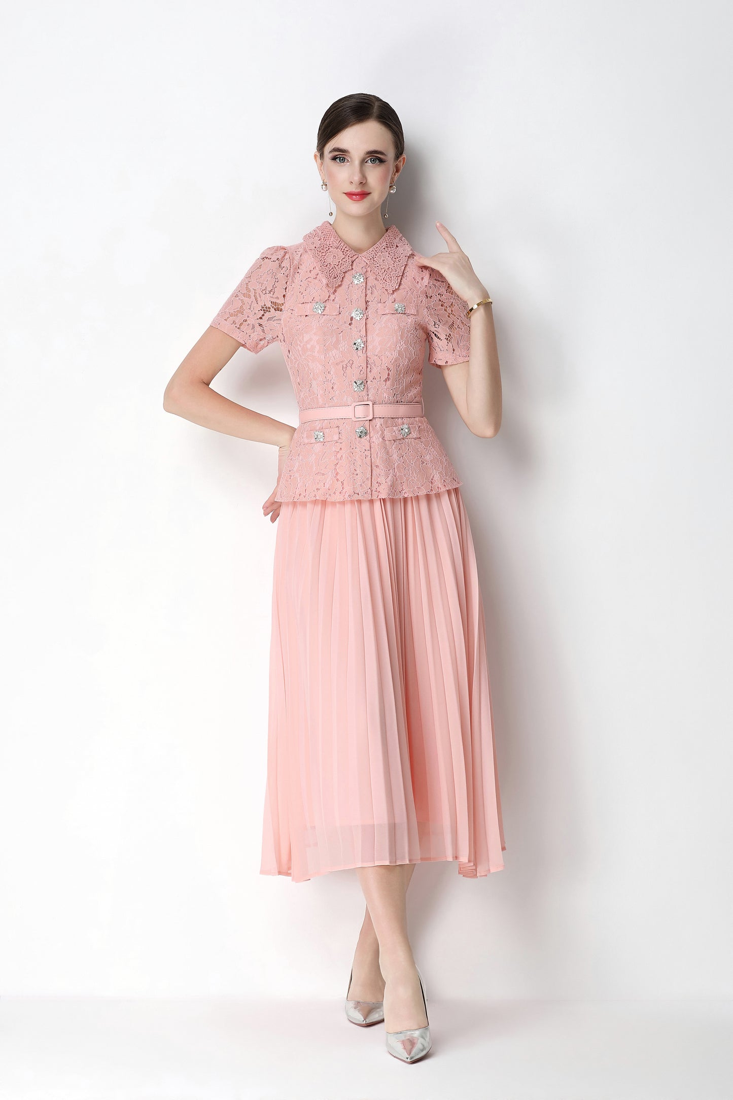French Chic Lace Pleated Midi Dress with Belt
