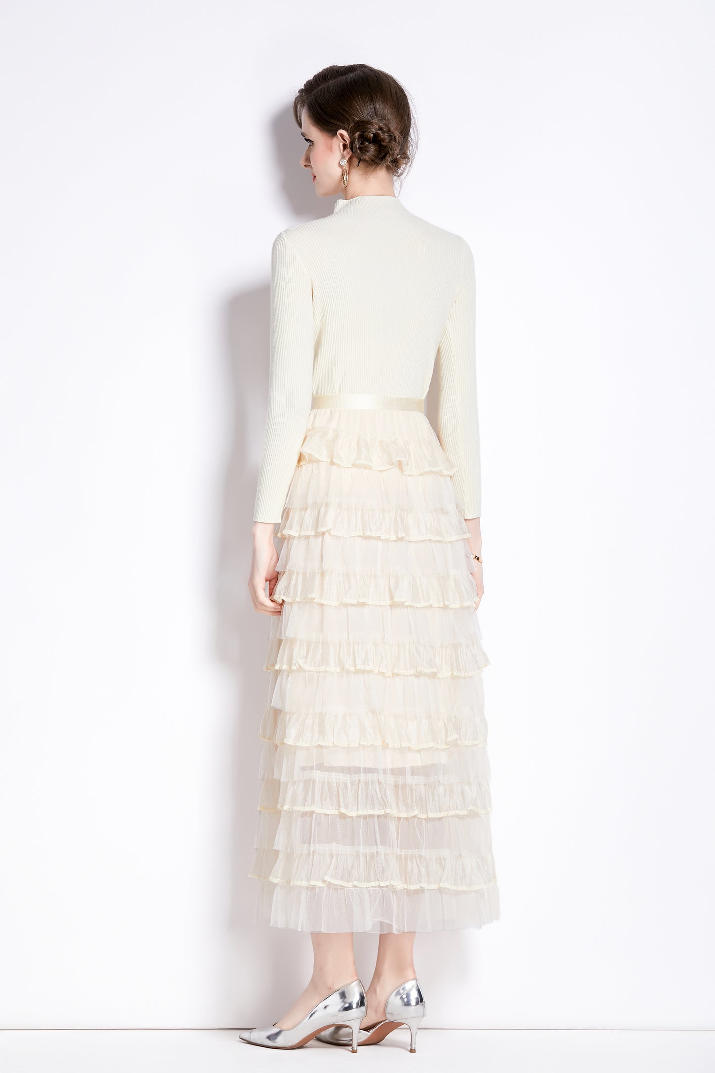 Women's 2 Piece Skirt Set Knit Top Ruffle Layered Skirt