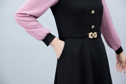 Women's Lapel V-Neck Pocket Long Sleeve Black Dress