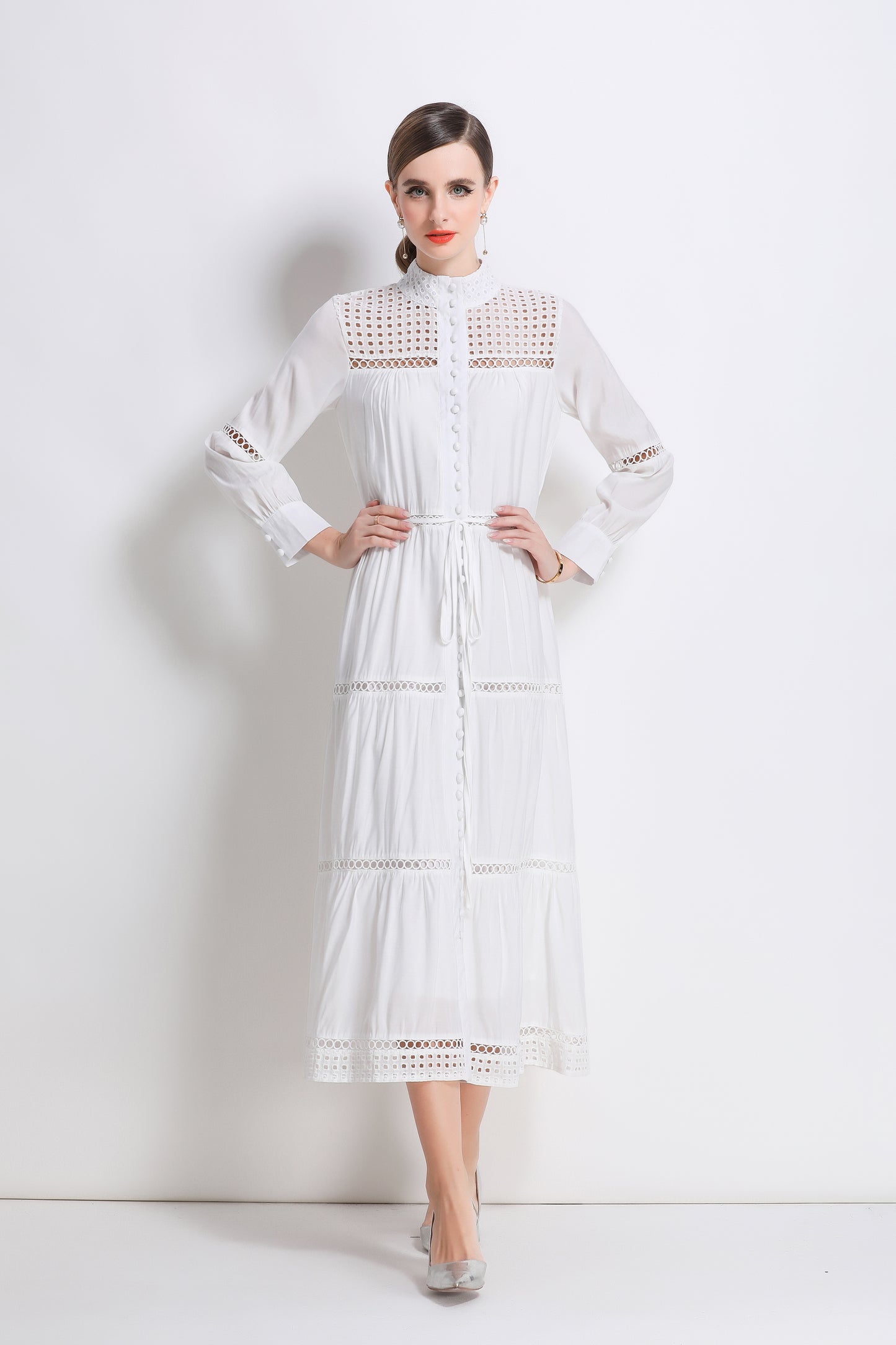 Women's Hollow Out Lace Button Long Sleeve Maxi Dress