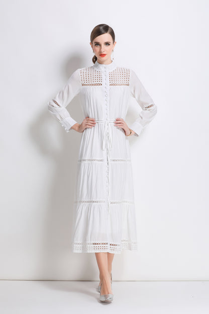 Women's Hollow Out Lace Button Long Sleeve Maxi Dress