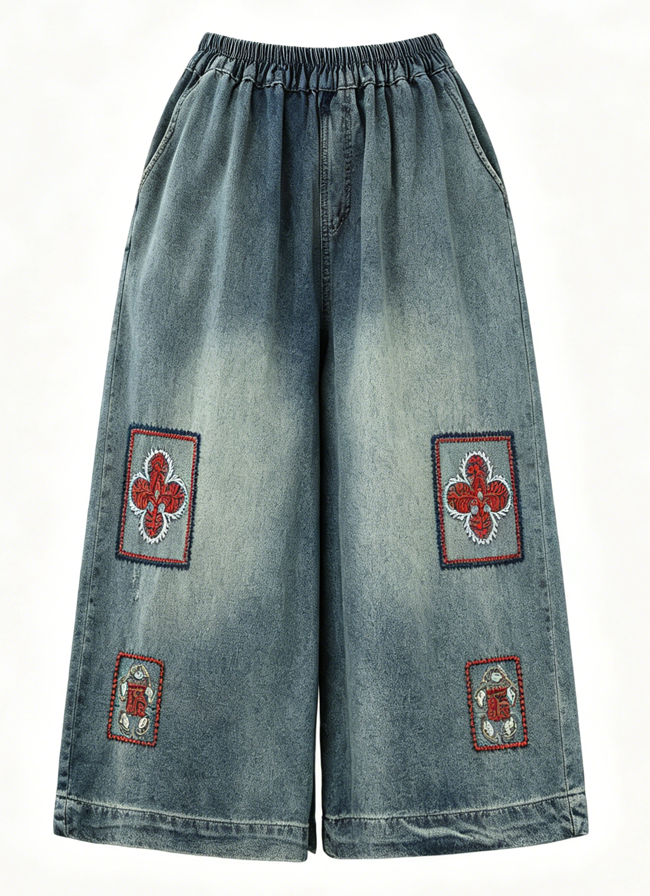 Embroidered Elastic-Waist Cropped Wide-Leg Jeans