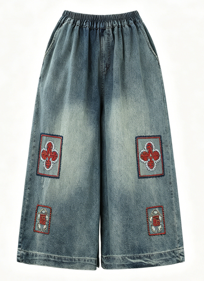 Embroidered Elastic-Waist Cropped Wide-Leg Jeans