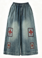 Embroidered Elastic-Waist Cropped Wide-Leg Jeans