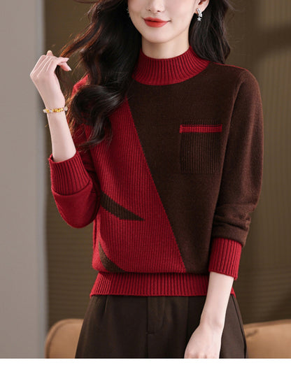 Women's Color Block Sweater Long Sleeve Ribbed Knit Tops
