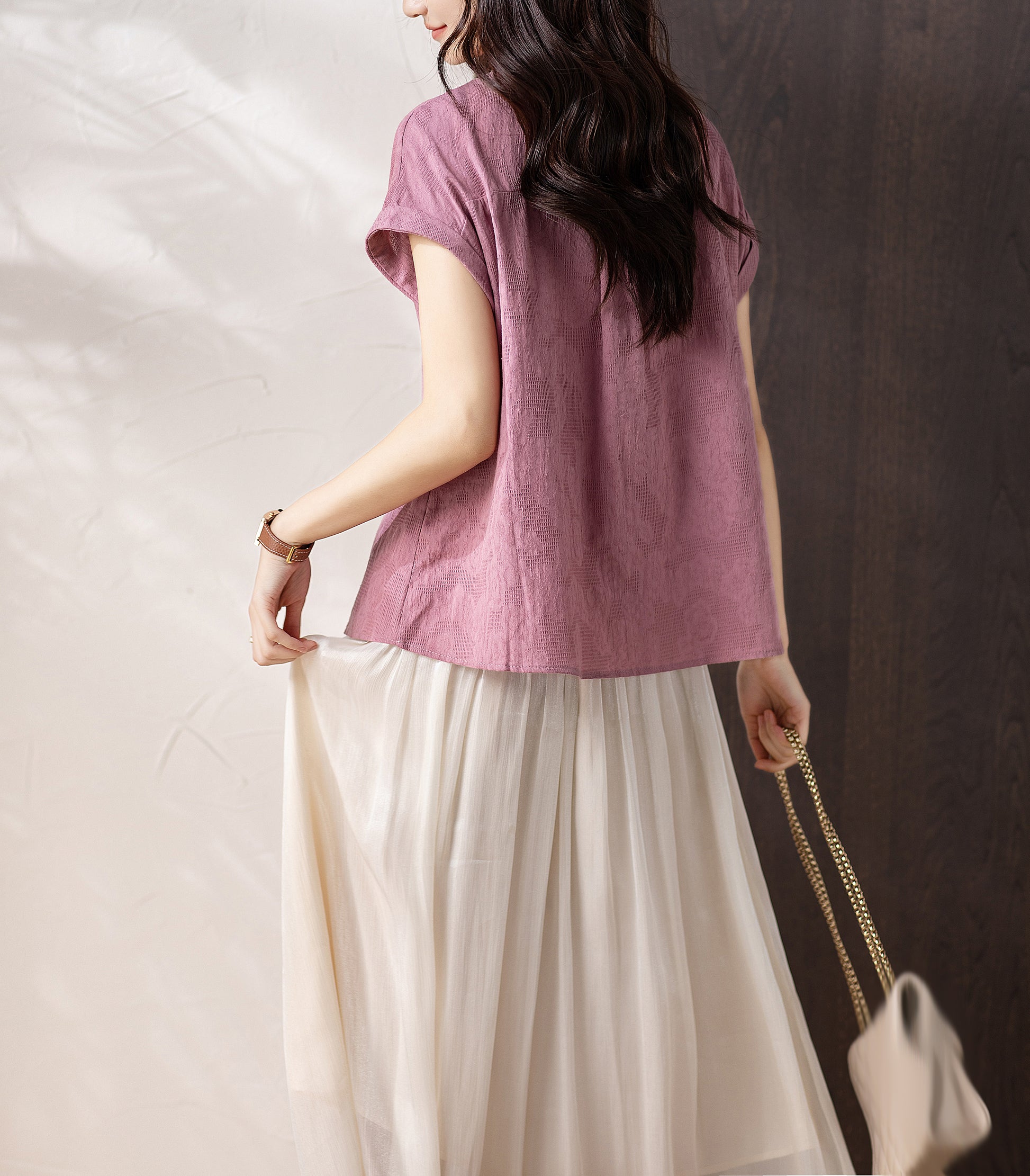 Women's Button Cap Sleeve Mandarin Collar Blouse Top - LAI MENG FIVE CATS