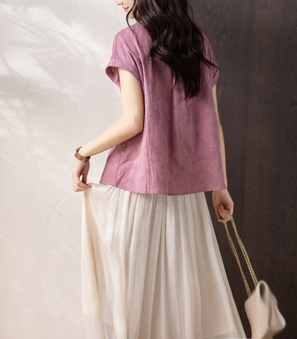Women's Button Cap Sleeve Mandarin Collar Blouse Top - LAI MENG FIVE CATS