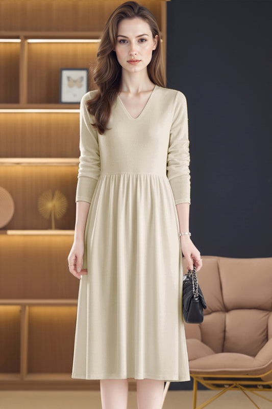 Women's Sweater V Neck Knit  High Waist Midi Dress