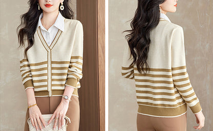 Women's Striped Sweater 2 in 1 Lapel Knit Pullover