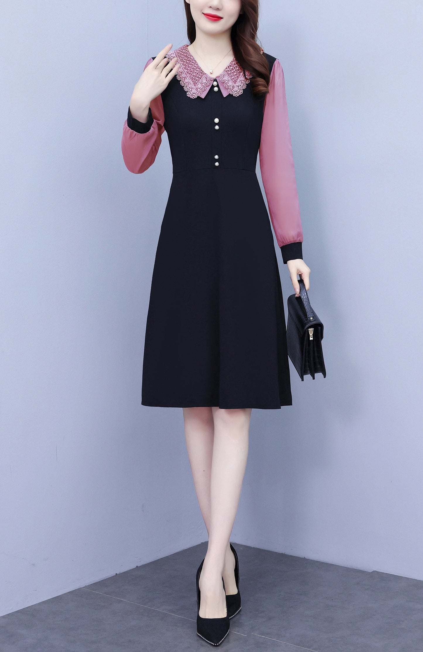Women's Peter Pan Collar Long Sleeve Pocket Midi Dress