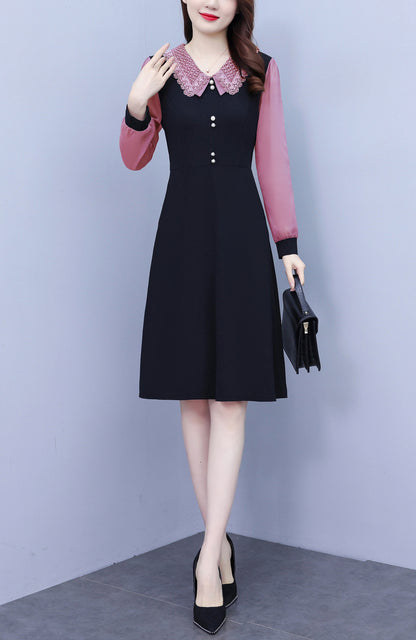 Women's Peter Pan Collar Long Sleeve Pocket Midi Dress