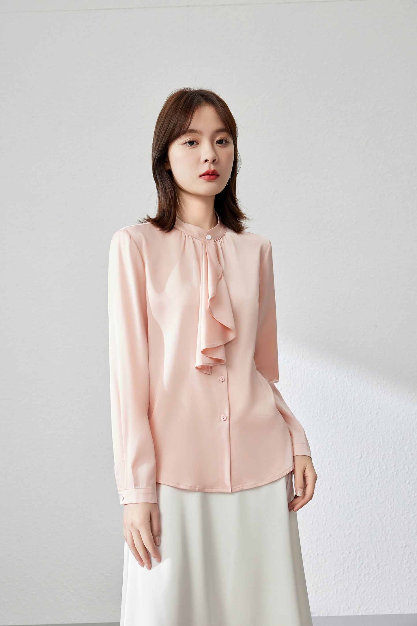 Women's Ruffle Shirt Tie Neck Long Sleeve Blouse - LAI MENG FIVE CATS