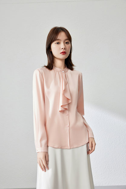 Women's Ruffle Shirt Tie Neck Long Sleeve Blouse - LAI MENG FIVE CATS