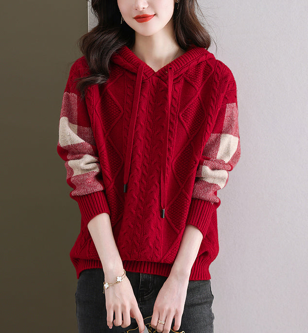 Women's Hoodies Plaid Ribbed Sweater Knit Tops
