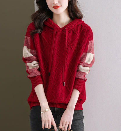 Women's Hoodies Plaid Ribbed Sweater Knit Tops
