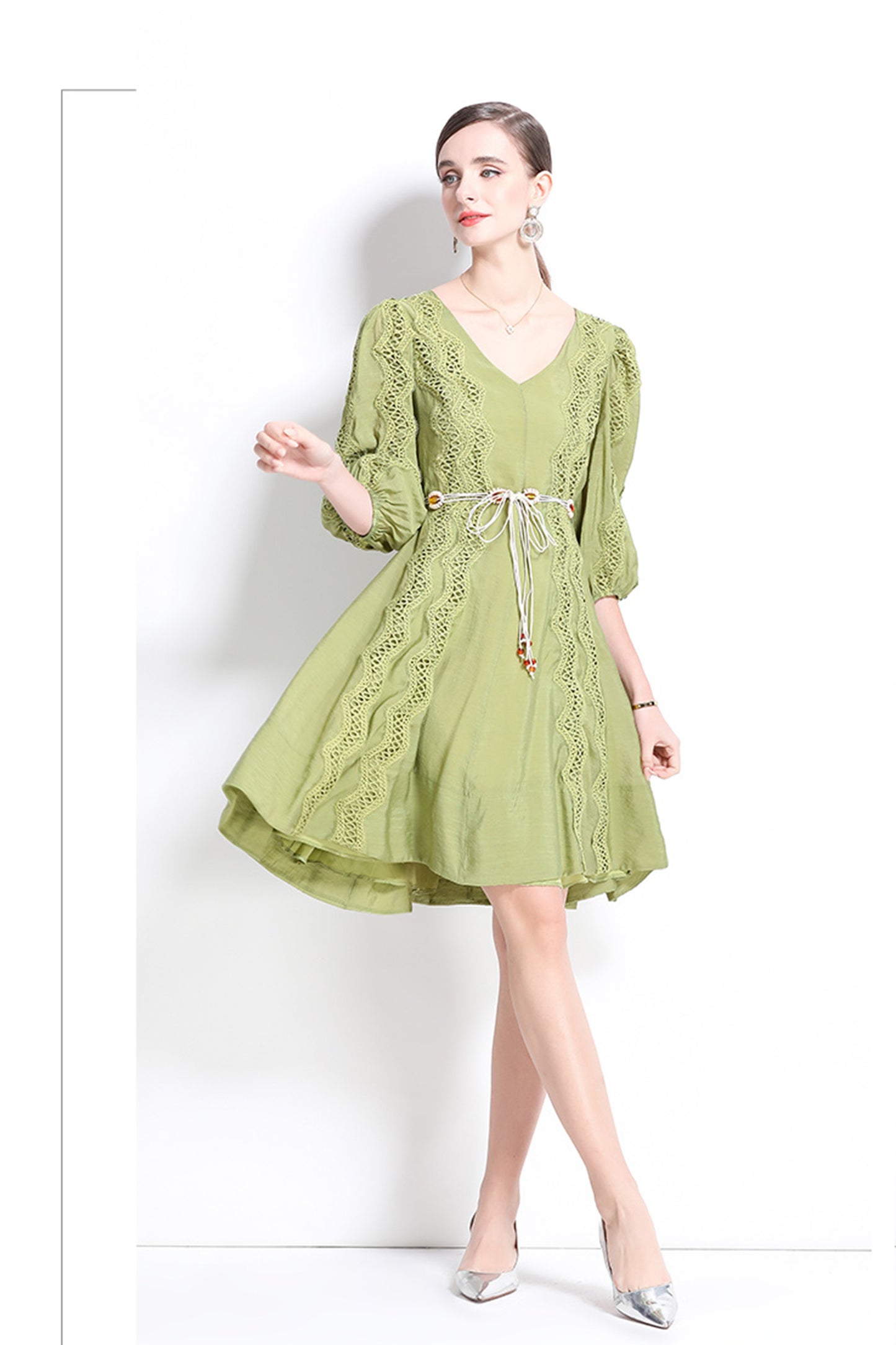 Women's Puff Sleeves V-Neck Hollow Embroidery Mini Dress