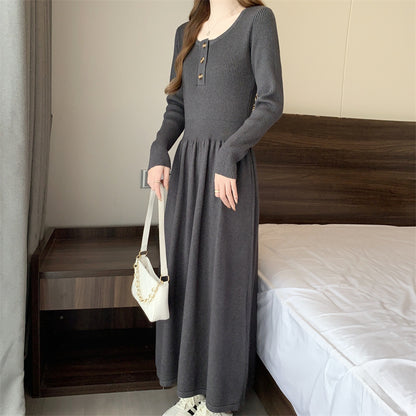 Women's Long Sleeve Button A Line Ribbed Knit Maxi Dress