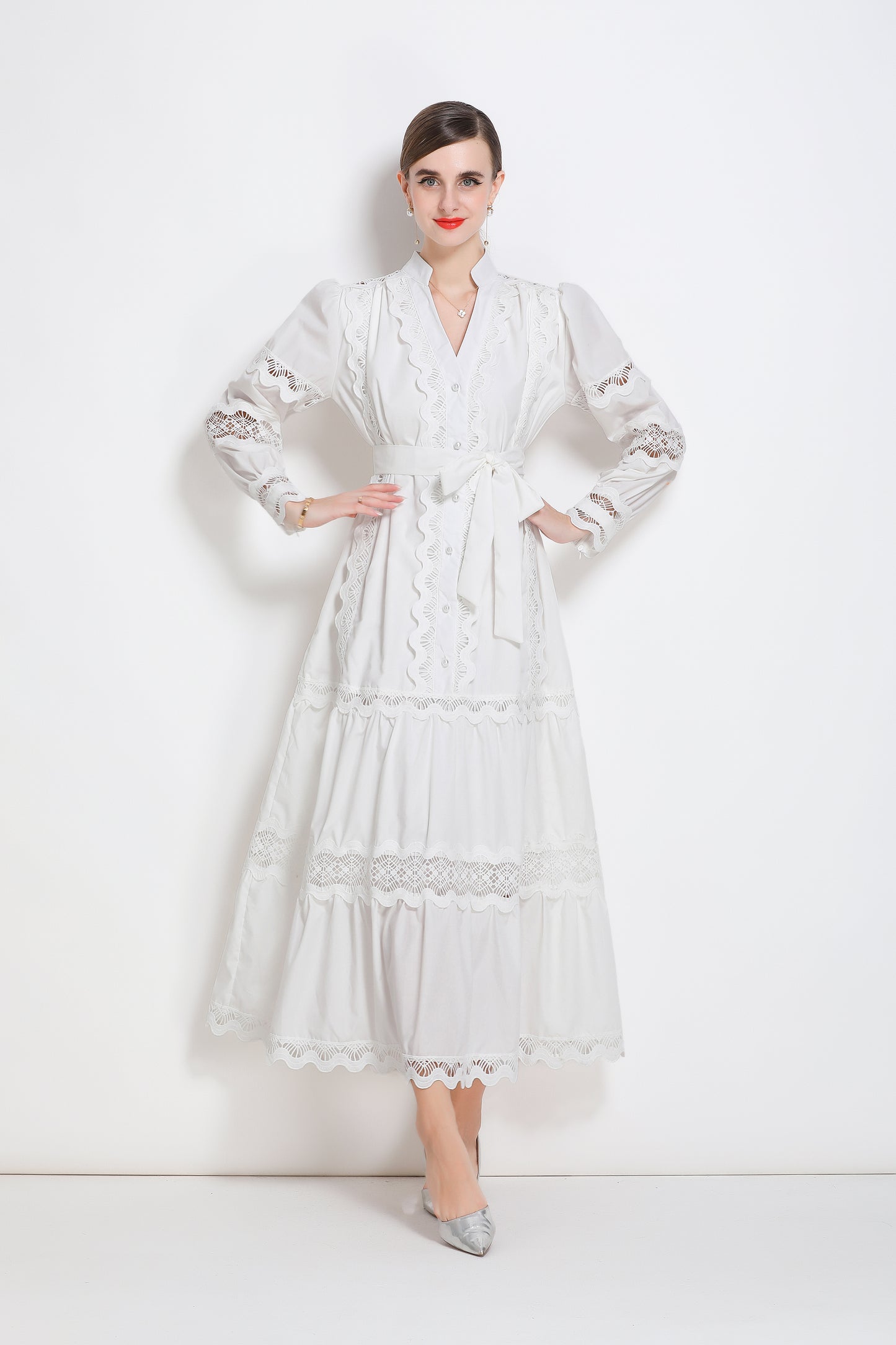 Women's V-Neck Puff Sleeve Lace Tiered Maxi Dress