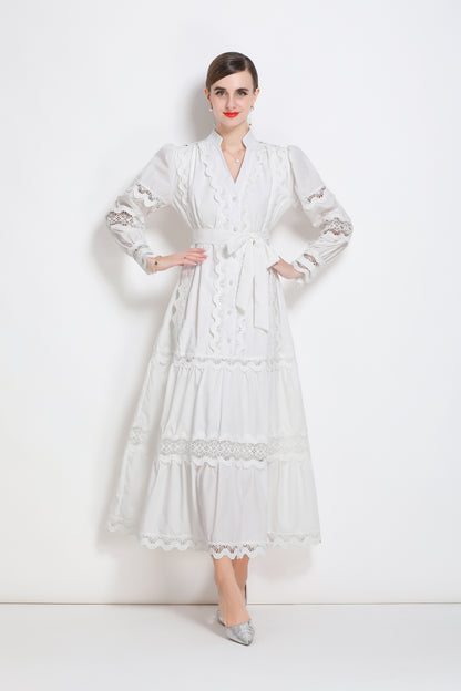 Women's V-Neck Puff Sleeve Lace Tiered Maxi Dress