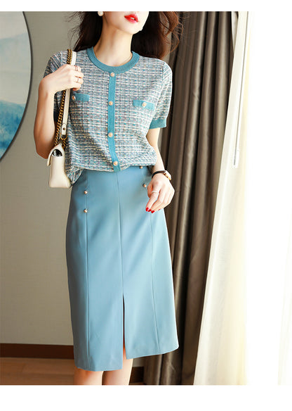 Chic Short-Sleeve Tweed Knit Top Short Sleeve Effortless Shirt