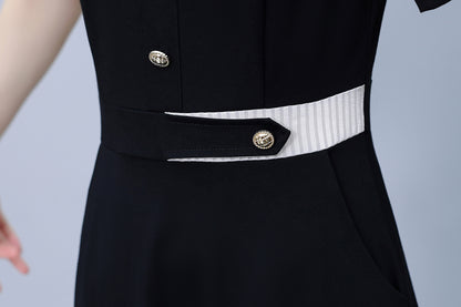 Women's Lapel V-Neck Pocket Short Sleeve Midi Dress - LAI MENG FIVE CATS