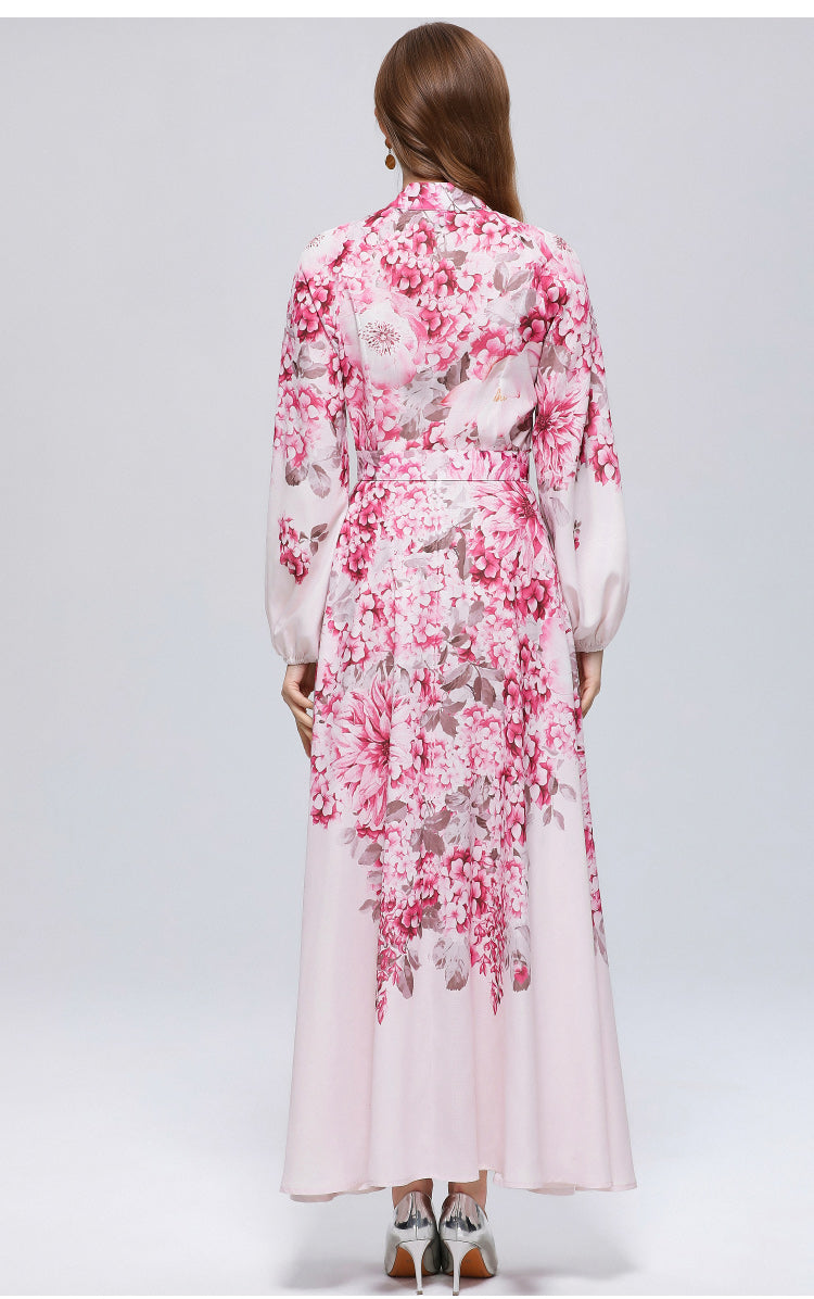 Women's Lantern Sleeve Floral Print Button Maxi Dress With Belts