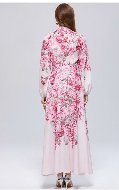 Women's Lantern Sleeve Floral Print Button Maxi Dress With Belts