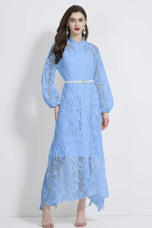 Women's  Lace Floral Hollow Button Elegant Maxi Dress